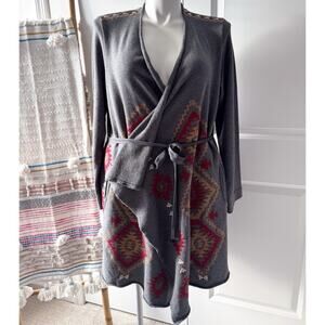 Johnny Was Grey Red Embroidered Aztec Wrap Draped Cardigan Sweater Women’s Large